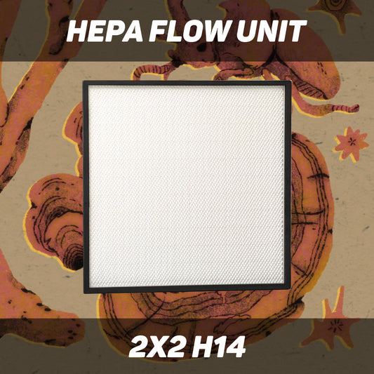 HEPA filter with 'HEPA FLOW UNIT' text and '2X2 H14' specifications on a background with abstract shapes.